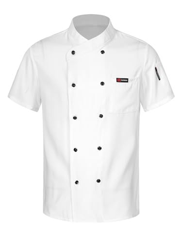 inlzdz Unisexo Camisa de Cocinero para Hombre Mujer Uniforme Mandarin de Trabajo Chaqueta de Chef Ropa de Trabajador de Cocina Restaurante Hotel Manga Corta Blanca D L