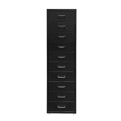 Panana Filing Cabinet on Wheels, 10 Drawers Metal Documents Cabinet With 4 casters Office Storage Unit (Black-10 Drawer)