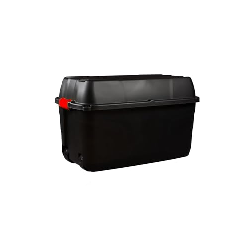 Heavy Duty Large Storage Box with Lid, 175L, Lockable, Indoor/Outdoor, Wheeled, Black with Red Handles