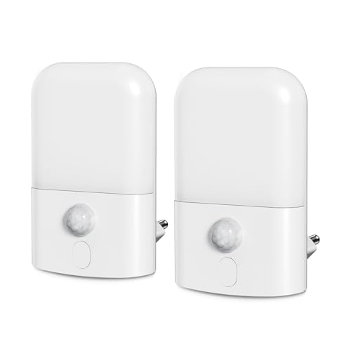 [2 Pieza] Luz Nocturna con Sensor de Movimiento, 5 Niveles de Brillo 0-100LM, ON/Off/Auto Modo, 6000K Blanca Cálida LED Luz Nocturna Infantil para Pasillos, Escaleras, Dormitorios, Cocinas, 1W