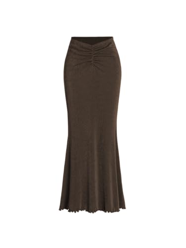 CIDER High Waist Skirts for Women Mermaid Skirt Fishtail Ruched Bodycon Long Maxi Skirt Lettuce Trim Stretchy