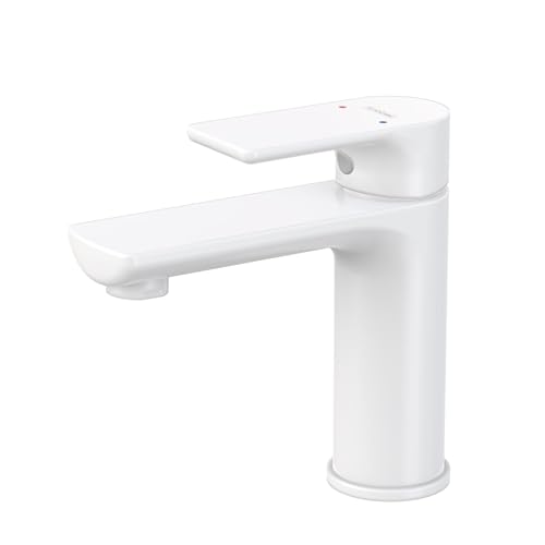 Korec Grifo de baño,Grifo de Lavabo,Grifo Monomando de Lavabo,Grifo Monomando Lavabo,Grifo Lavabo,Núcleo de válvula de latón y cerámica,Conexión EU 3/8″(blanco mate)