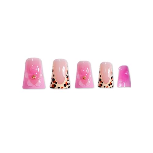 Image of NBNTGH Leopard Print French Tip Press On Nails Pink Fake Nails Medium Duck False Nails with Design Flower Glossy Stick On Nails for Women Reusable Artificial Acrylic Full Cover Manicure 24Pcs