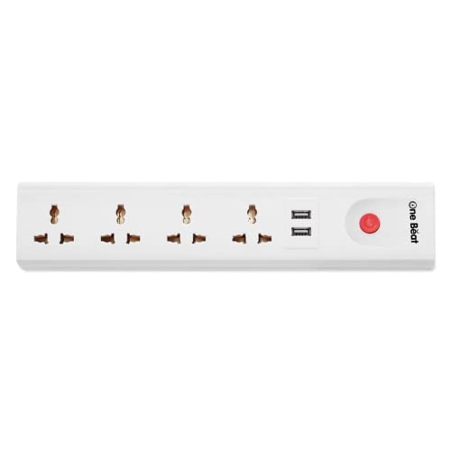One Beat Extension Board with 2 USB and 4 Socket,Power Load 10 AMP 4 Meter Long Power Cord - White (4 Socket + 2 USB + 4 M)
