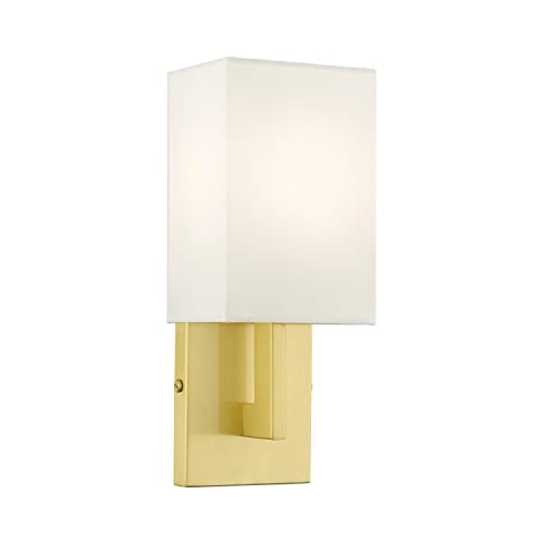Image of Livex Lighting 51101-12 Meridian Collection ADA 1-Light Wall Sconce Light with Off-White Hardback Fabric Shade, Satin Brass