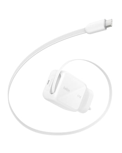 Belkin USB-C Charger Plug 67W with 3.3ft Retractable USB C Cable & USB C Port - GaN iPhone Charger Fast Charging for iPhone 17 & 16 Series Galaxy S26 Series AirPods Tablet MacBook Chromebook