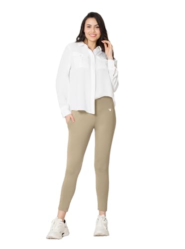 Image of VSTAR PL02 Women Ankle Length Stretchable Slim Fit Leggings with Secured Side Pocket | Moisture-Wicking | Soft Waistband & Cotton-Elastane Fabric | S | Beige