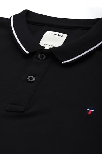 Image of Louis Philippe Men's Slim Fit Single-Tuck Pique Stylized Sleeve Print and Contrast Tipping Half Sleeve Solid Polo Tshirt