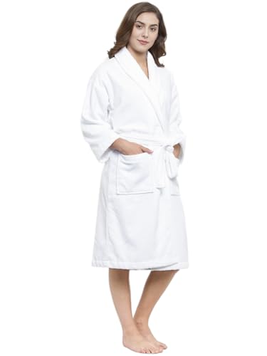 Image of Double Side Terry Cotton Bathrobe, White, Knee Length, Women's Loungewear with Pockets