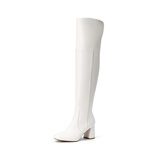 DREAM PAIRS Women’s Thigh High Over the Knee Fashion Chunky Heel Long Boots 8 White/Pu