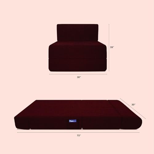 Image of Starlon 1 Seater Foldable Sofa Cum Bed 3-in-1 with 1 Floral Pattern Pillows, Washable Jute Fabric Cover, Space Saving Guest Bed, Pre-Assembled Royal maroon2.5x6 Ft