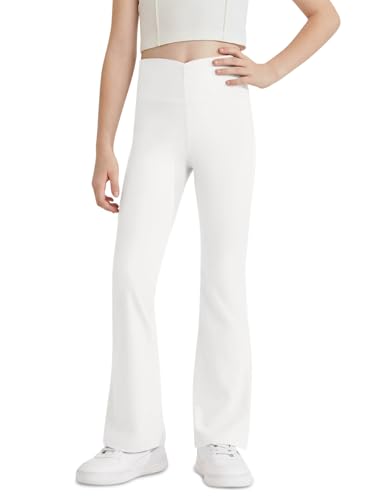 Haloumoning Girls Flare Leggings Kids Ruched High Waist Bell Bottom Yoga Dance Pants 5-14 Years White