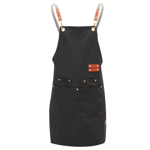 Unisex Painting Apron with 4 Pockets and Cross Back, Waterproof, Adjustable Barbecue Apron for Cooking, Baking, Kitchen, Restaurant, Cafe (Black)