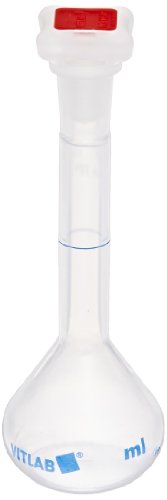 Flacon volumétrique plastique Vitlab 50ml Classe B, fiole graduée avec bouchon PP pour analyse, x6