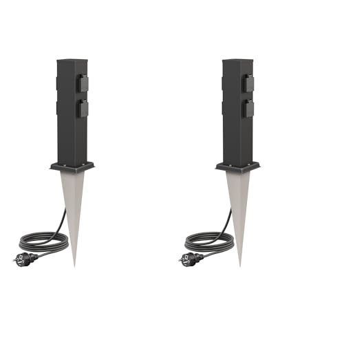 ledscom.de 2 Tomas de jardín Columna Polly con piqueta de Tierra y Cable de 2m para Exteriores, IP44, 4 vías, Acero Inoxidable, Angular, Negro, 40cm