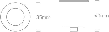 Dimension diagram showing a top-down view with 35mm diameter and a side view with 40mm height for the LED light.