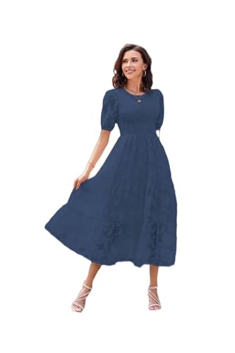 Vestido de Verano para Mujer con Cuello Redondo, Mangas abullonadas, Plisado y Estampado Floral en Capas - Azul Marino - XL