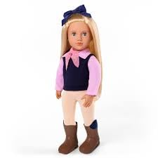 Our Generation Lalka jeździecka 45 cm – realistyczne szare oczy i jasne blond włosy do stylizacji – uroczy strój do jazdy konnej – z kokardą do włosów, szalikiem na szyję i akcesoriami do wysokich