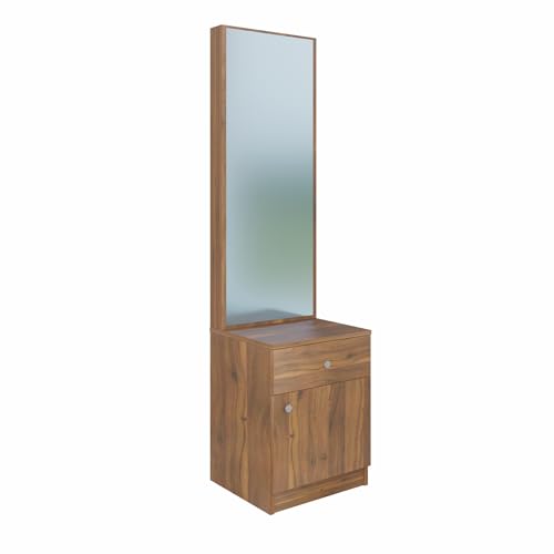 Image of VIKI | Engineered Wood Dressing Table with 1 Drawer & 1 Door, Mirror and Huge Storage Space | Vanity for Living Room, Bedroom (Brussel Walnut - 43.8W x 40D x 182.6H cms)