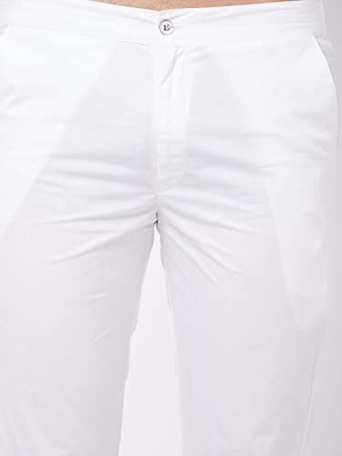 VASTRAMAY Men's White Cotton Lycra Pant Style Pyjama Comfortable Ethnic & Casual Wear with Elastic Waistband & Pockets for Festive/Wedding