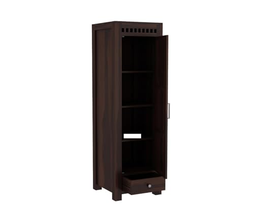 Image of Sheesham Wood Wooden Single Door Wardrobe Organizer for Clothes | - Solid Wood Almirah with 1 Drawers, 4 Shelves - Cupboard for Large Bedroom, Walnut Finish