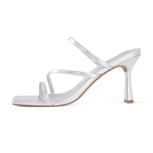 Image of Shoe'N Tale Strappy Kitten Heels For Women Stiletto Mules Square Open Toe Slip On Sandals