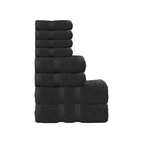 Home Weavers Elegance Essentials 550GSM 100% Cotton Zero Twist Super Absorbent Bath Towel Set (2 Bath Towel, 2 Hand Towel & 4 Washcloth) - (Set of 8), Black