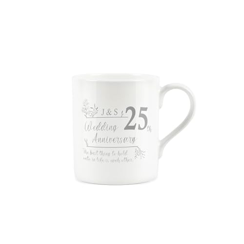 Image of Purely Home Personalised 25th Wedding Anniversary Mug - Floral Foliage Calligraphy Custom Wedding Gift - Small Bone China White Mug Coffee/Tea Present