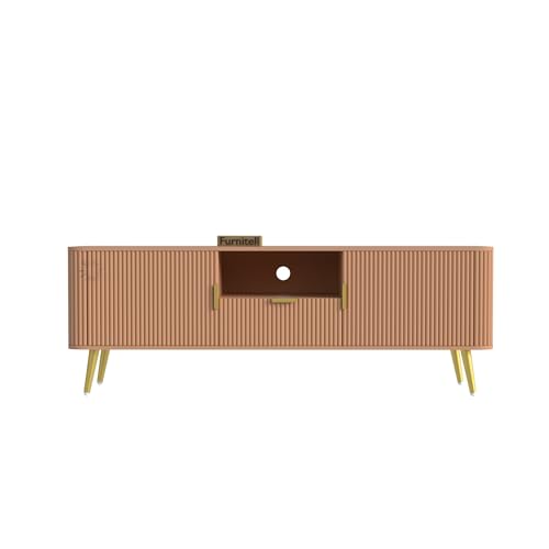 Image of Wooden TV Unit for Living Room | Media Console Movable Tv Cabinet | Tv Unit with 2 Doors, 1 Drawers & 1 Open Shelf Storage | Sideboard Cabinet | HDMR Premium Wood & Iron Leg | Beige