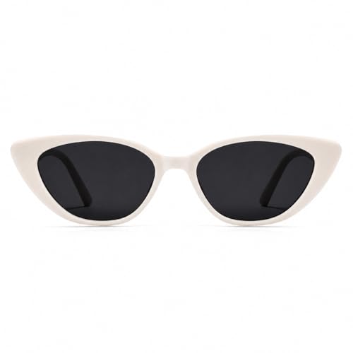 MACJERO Narrow Small Retro Polarized Cat Eye Sunglasses for Women Trendy Driving Glasses(White)