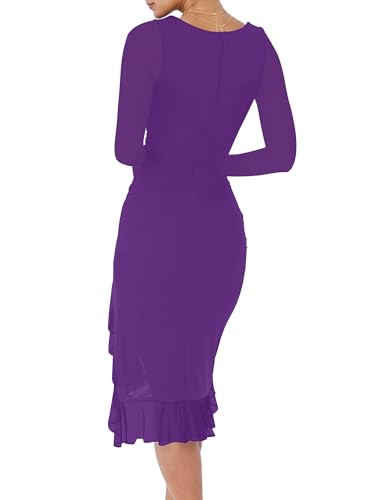 Image of BORIFLORS Women's Elegant Ruched Bodycon Midi Cocktail Dresses | Long Sleeve, Fall Winter, Square Neck, Ruffle Hem, Party Dress
