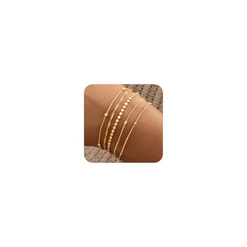 Striviio Gold Bracelets for Women, 14K Gold Plated Stackable Bracelet Stack Set Adjustable Charm Paperclip Chain Snake Link Layered Waterproof Jewelry Sets Gifts