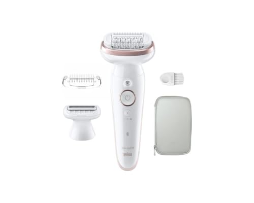 Braun Silk-épil 9 Epilator with Swivel Head for Easy Hair Removal, Waterproof, Long Lasting Soft Skin, with Shaver Head for Women and Clipper Clipper Clip, 9-030, White/Pink