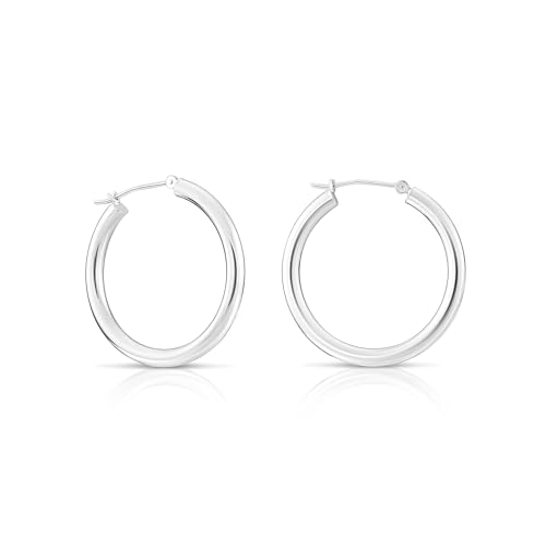 Image of 14K White Gold Classic Chunky Hoop Earrings, Solid White Gold Chunky and Lightweight Shiny Hoops, 3mm Tube Thickness