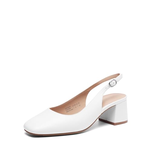 DREAM PAIRS Women's Low Chunky Heels Slingback Square Toe Block Dress Shoes Closed Toe Comfortable Wedding Work Pumps 6.5 White