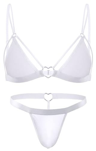FEOYA Herren Sissy Dessous Set Schwarz/Weiß Satin Slik Doppelgurte BH mit Tanga Höschen Gay Unterwäsche Männer Reizwäsche Bikini Crossdressing Schlafanzug Weiß