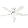 Hunter 44 inch Indoor Ceiling Fan with LED Light - White Ceiling Fan with Pull Chain, For Bedroom, Living Room, or Kitchen, Standard Mount, No Remote, 5 Blades - Swanson 50905, Fresh White