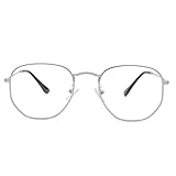 Pro Acme Hexagonal Non-Prescription Glasses Frame for Women Men Designer Square Round Metal Clear Lens Eyeglasses (Silver)