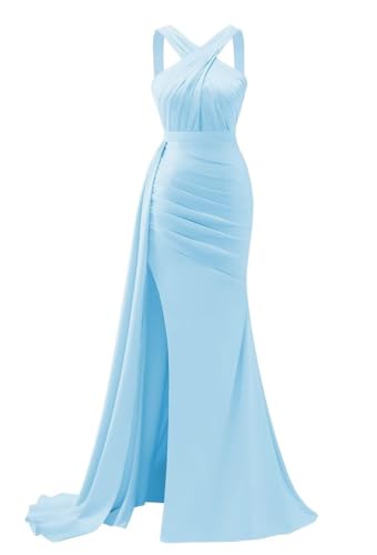 AHERKLL Robes de demoiselle d'honneur à bretelles spaghetti pour mariage sirène en mousseline de soie formelle robe de soirée maxi avec fente ZMAH360, bleu...