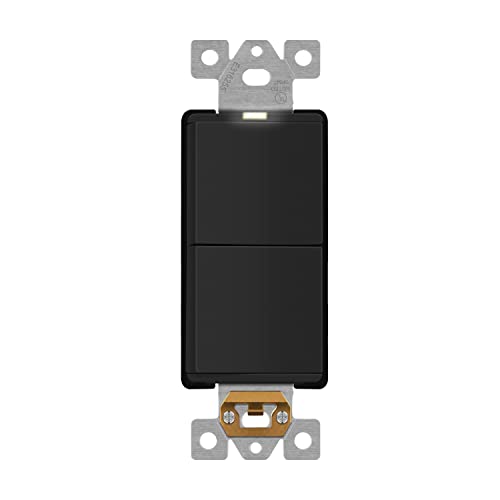 Image of LIDER Minimalist Design Lighted Double Switch, Combination Frameless Decorator Switch with Locator Light, Ground Terminal, Single Pole, 15A 120-277V, UL Listed, Thermoplastic, Matte Black, 1-Pack