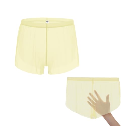 Mens See Through Shorts with Large Split Side Sexy Semi Sheer Boxer Undershorts Mesh Sleepwear Loose Lounge