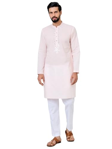 Image of See Designs Men's Full Sleeve Mandarin Collar Ethnic Motifs Embroidered Sequinned Mandarin Collar Straight Long Kurta with Pyjama - Festive Collection