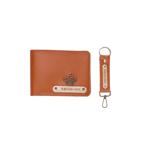 Image of Mens Leather Wallet and Keychain Combo Name Leather Wallet Keychain for Mens Personalized Wallet Keychain Set with Wallets Keychains for Men | Customised Gift Set for Men with Name & Charm, Red