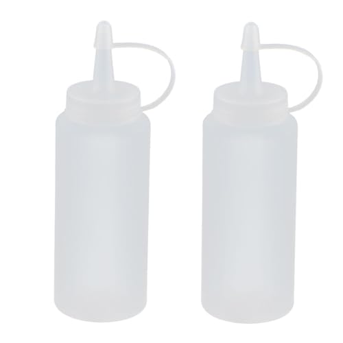 Image of Plastic Condiment Squeeze Bottle Ketchup Mustard Honey Sauce Dispenser Bottle with Twist On Cap Lids and Discrete Measurements - 200 ML (White, Pack of 2)