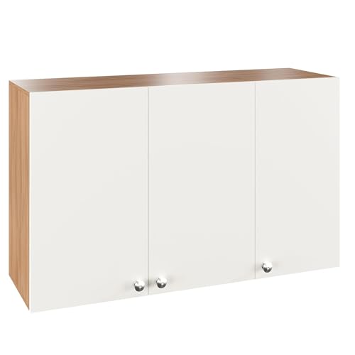 Image of FURNEASER Wall Mounted Kitchen Cabinet, Exotic Teak & White 2 | Engineered Wood, Doors & Open Shelves, Wall Storage, Modern Wall Organizer Cupboard