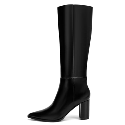 Knee High Boots Pointed Toe Chunky Block Mid Heeled Boots for Women Elastic Side Zip Long Boots2