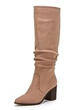 Huiyuzhi Womens Pointed Toe Knee High Boots Mid Chunky Heel Faux Suede Side Zipper Riding Booties