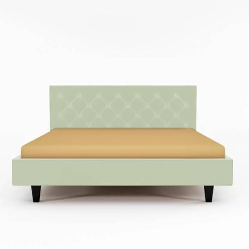 Image of Wooden Modern Upholstered King Size Bed for Bedroom | Wooden Double Bed Without Storage | Platform Cot Upholstered Bed with Upholstery Fabric | Engineered Wood | 6.5 x 6 Ft | Light Green