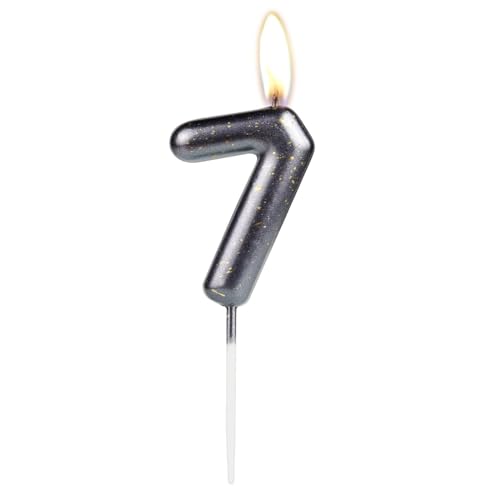 Sparkling Light Black 7th Birthday Number Candle, Black Number 7 Cake Candle, Birthday Cake Topper Cupcake Girl Boy, Wedding Anniversary Decoration