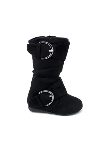 Girl's Kid's Faux Suede Two Buckle Zipper Flat Heel Mid Calf Slouchy Boot Shoes2